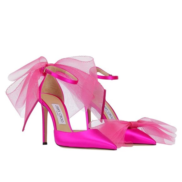 Jimmy Choo Shoes - Jimmy Choo Averly 100 Pointed Toe Pumps Fuchsia Pink Satin Asymmetric Bow Detail